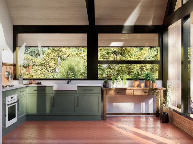 Kuchnia z zieloną zabudową i klinkierową podłogą