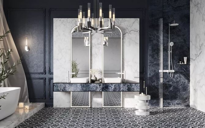 Ciemna łazienka glamour z patchworkową podłogą