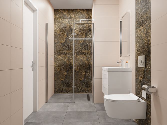 Kremowa łazienka ze złotymi panelami