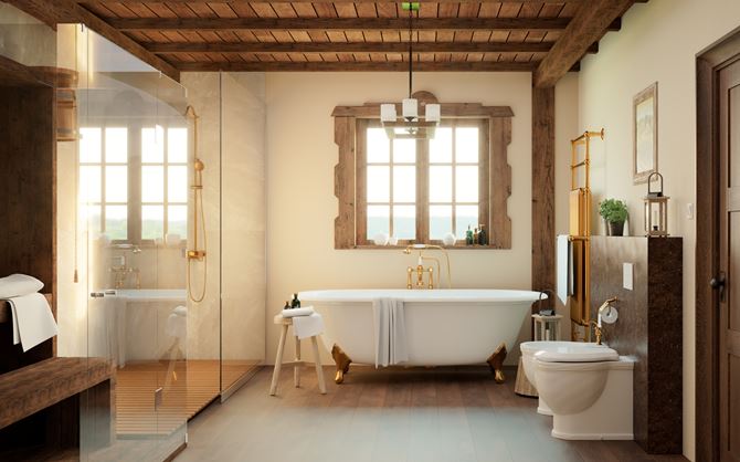 Łazienka w stylu rustykalnym z drewnianym sufitem