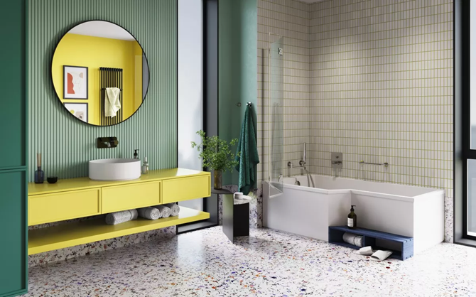 Aranżacja kolorowej łazienki z kolekcją armatury FDesign Meandro
