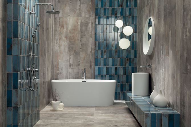 Szaro-niebieska łazienka w nowoczesnej aranżacji