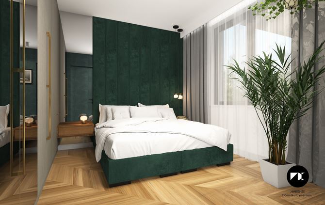 Zielona sypialnia z posadzką w jodełkę