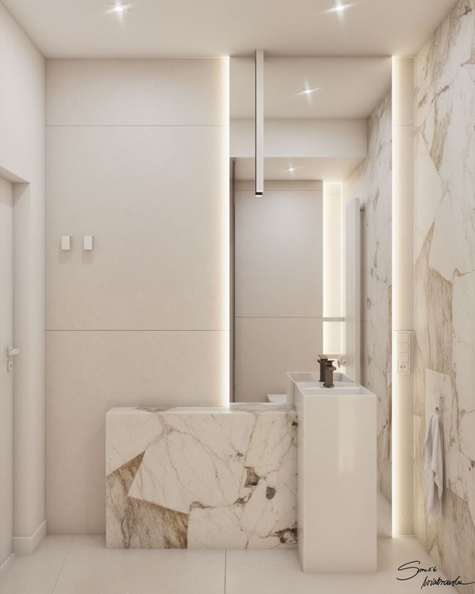 Beżowy gres w łazience z wolnostojącą umywalką