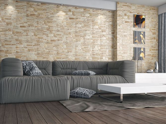 Salon z dekoracyjną ścianą z kamienia Cerrad Canella