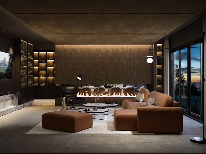 Brązowy salon z kominkiem w stylu glamour