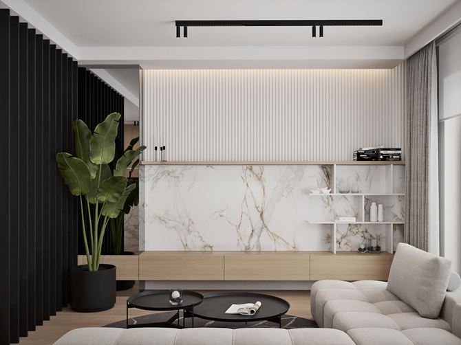 Jasny salon z marmurem i szarą sofą, dom projektu Spacja Studio