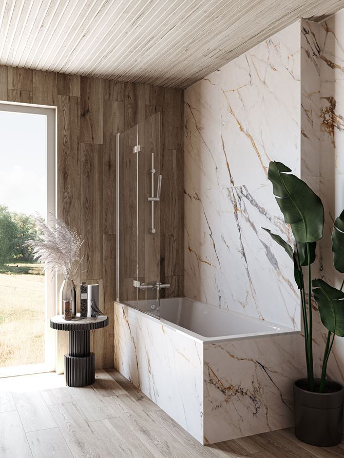 Biały marmur i drewno w łazience z wanną z parawanem