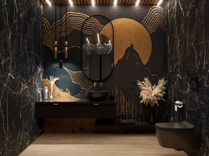 Ciemna łazienka w marmurowym wykończeniu Cerrad Marquina Gold