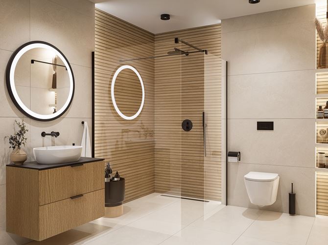 Beże i brązowa struktura w łazience z kabiną walk-in