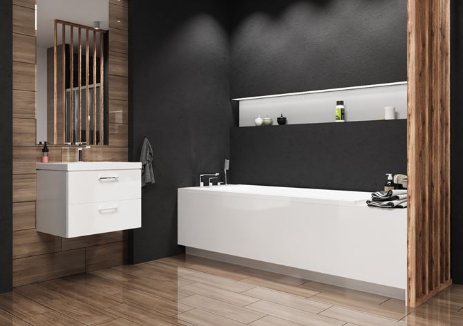 Elegancka łazienka z drewnem i czernią - Ceramika Gres Soho
