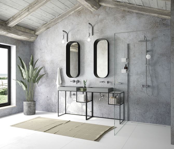 Industrialna łazienka w betonie i drewnie z armaturą Deante Agawa