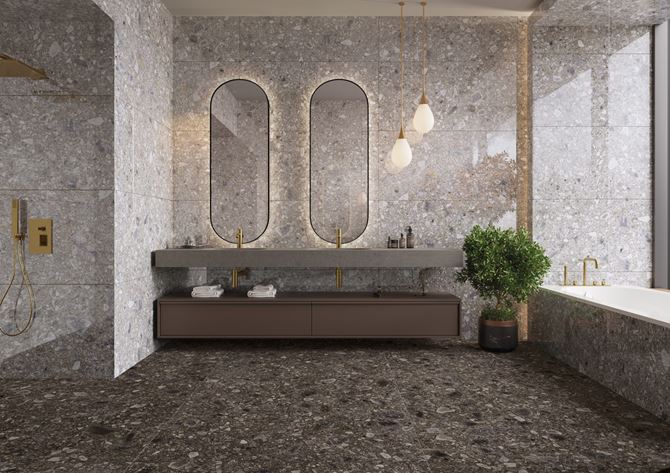 Aranżacja dużej łazienki w odcieniach szarości Cerrad Ceppo Nuovo