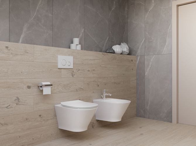 Beżowe drewno i szary kamień w aranżacji łazienki z białą ceramiką podwieszaną