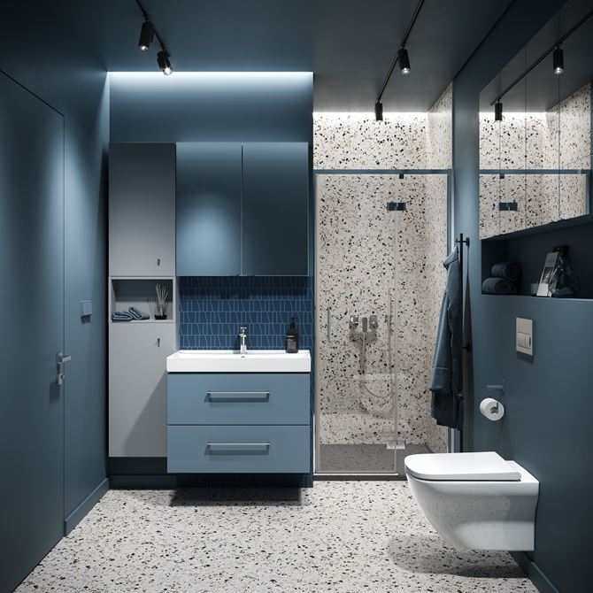 Aranżacja łazienki w niebieskim wykończeniu i kamiennych płytach