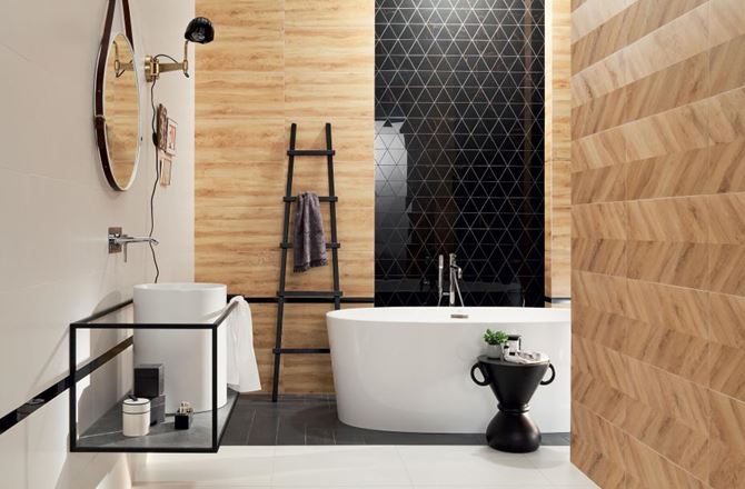 Nowoczesna łazienka z mozaika i płytką drewnopodobną