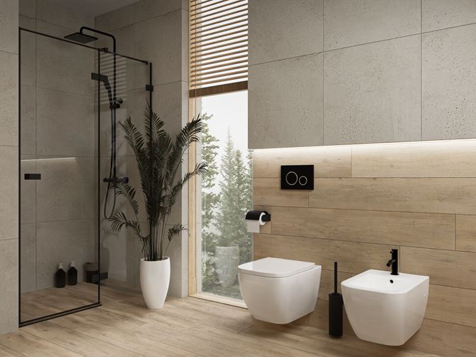 Aranżacja nowoczesnej łazienki z oknem i kamieniu i drewnie