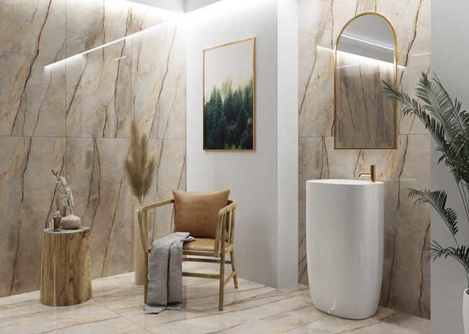 Stylowa łazienka w beżowym marmurze Azario Paris Gold
