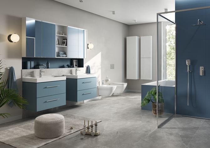 Szaro-niebieska łazienka z kolekcją Cersanit Larga