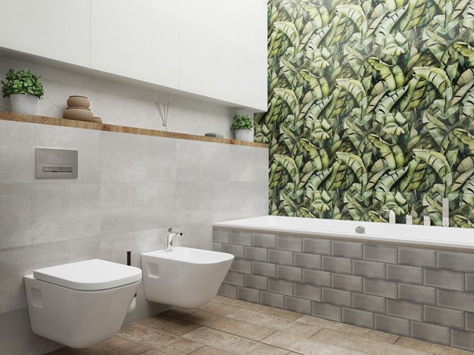 Jasna łazienka z roślinnymi dekorami