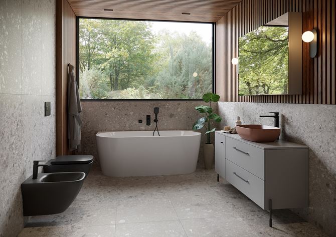 Szaro-brązowa łazienka z antracytową ceramiką