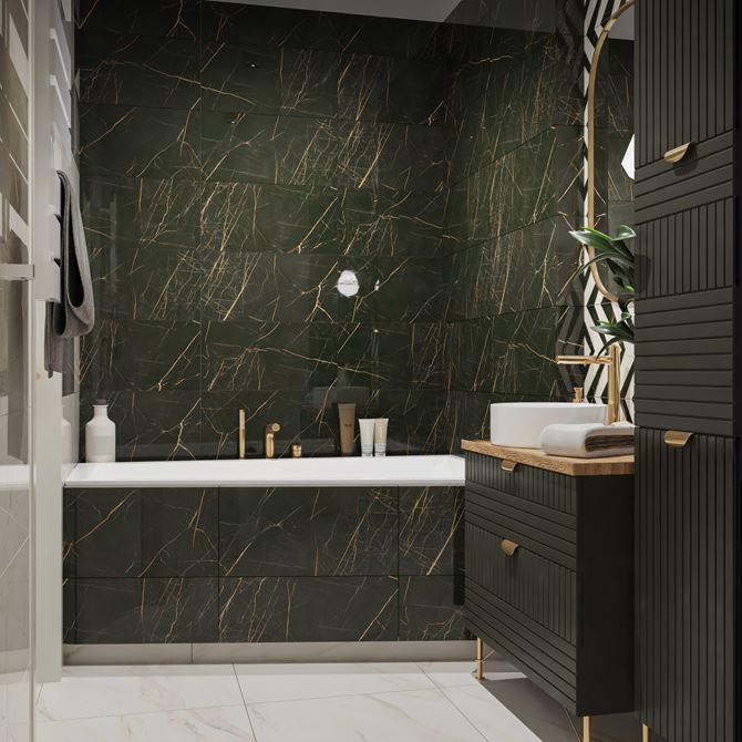 Czarne wykończenie niedużej łazienki Paradyż Fancy