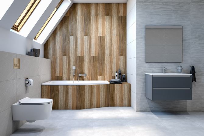 Jasna łazienka z drewnianą ścianą w strefie kąpielowej