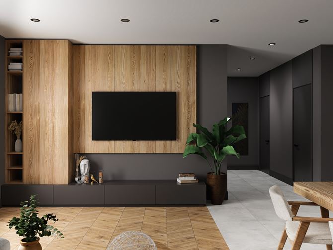 Drewnopodobna jodełka i beton w wykończeniu salonu