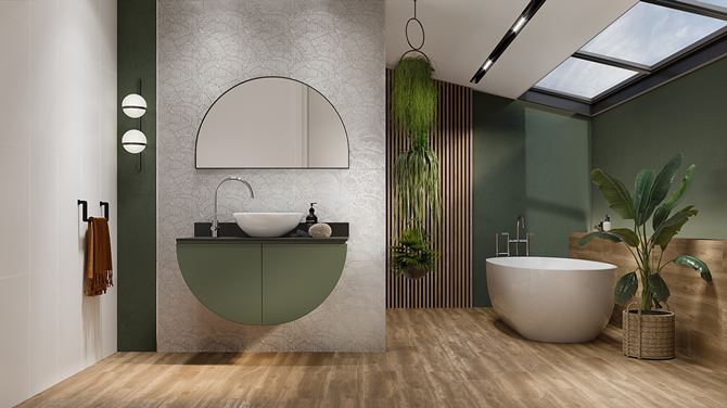 Zieleń i drewno w nowoczesnej łazience z dekorami