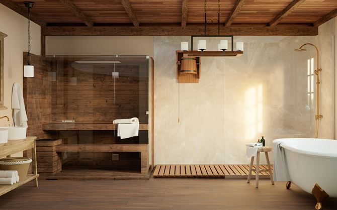 Beżowa, rustykalna łazienka z sauną