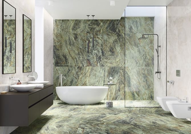 Łazienka glamour w zielonym kamieniu Cerrad Brazilian Quartzite