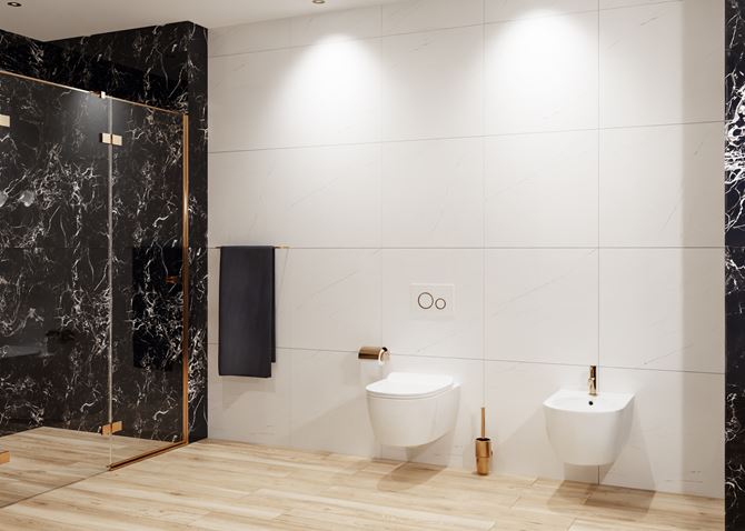 Biała łazienka z drewnem i marmurem