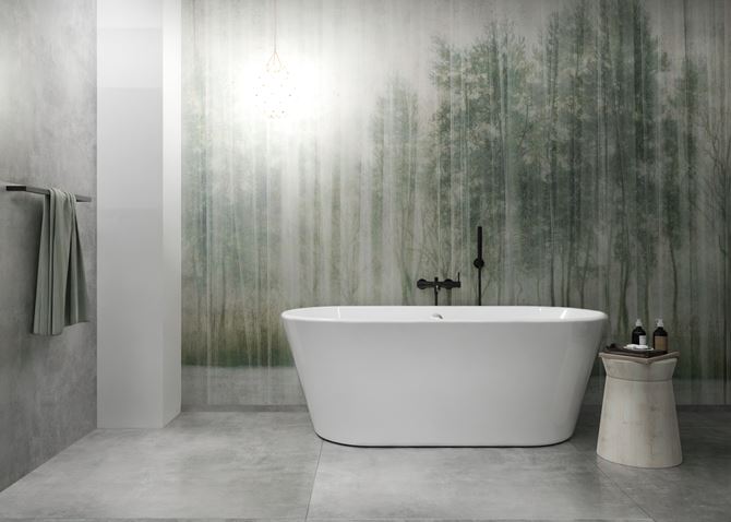 Szary beton Azario Luna w łazience z wanną wolnostojącą