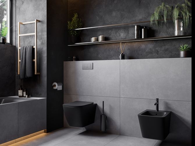 Łazienka w odcieniach szarości z czarną ceramiką
