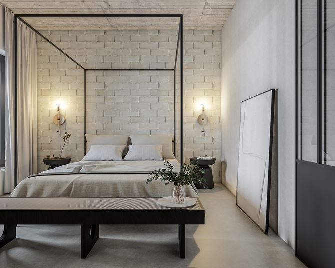 Szara, eklektyczna sypialnia z łóżkiem z czarnej ramie
