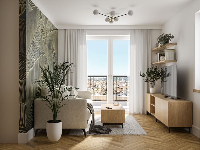 Aranżacja małego salonu z jodełką na podłodze