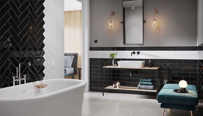 Łazienka z czarno-białymi kaflami Opoczno Salsa&Metro Style