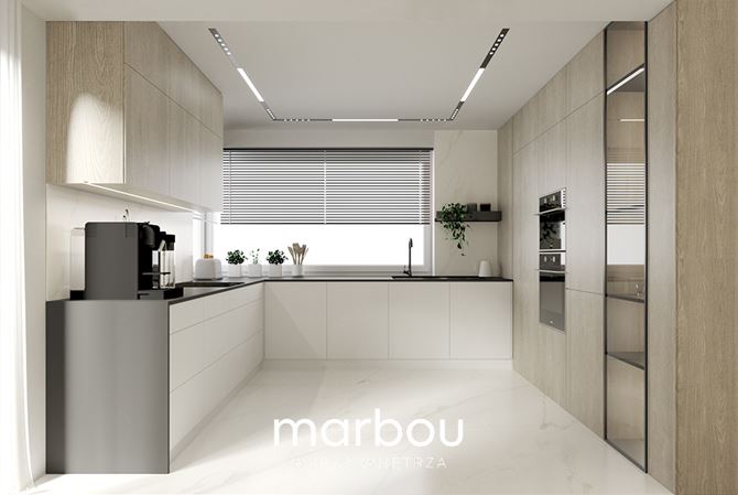 Biało-drewniana kuchnia ze spiekiem calacatta