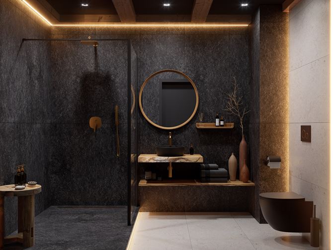 Czarno-biała łazienka w kamieniu z kabiną walk-in