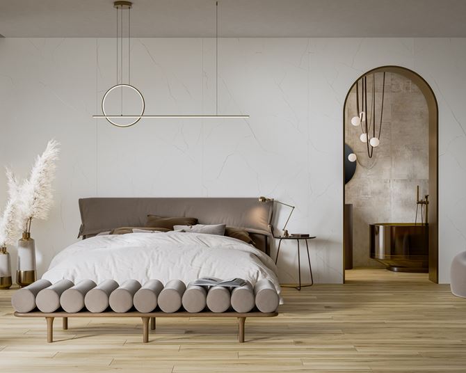 Sypialnia w stylu glamour w jasnym kamieniu i drewnie