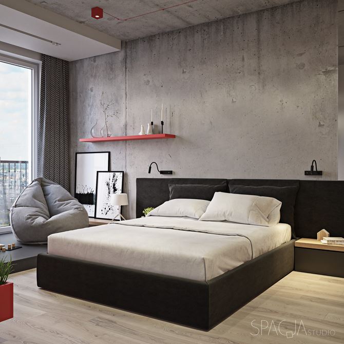 Sypialnia w surowym betonie i jasnym drewnie