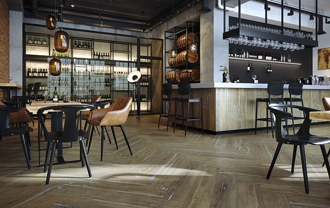 Aranżacja restauracji w industrialnym stylu z drewnianym wykończeniem