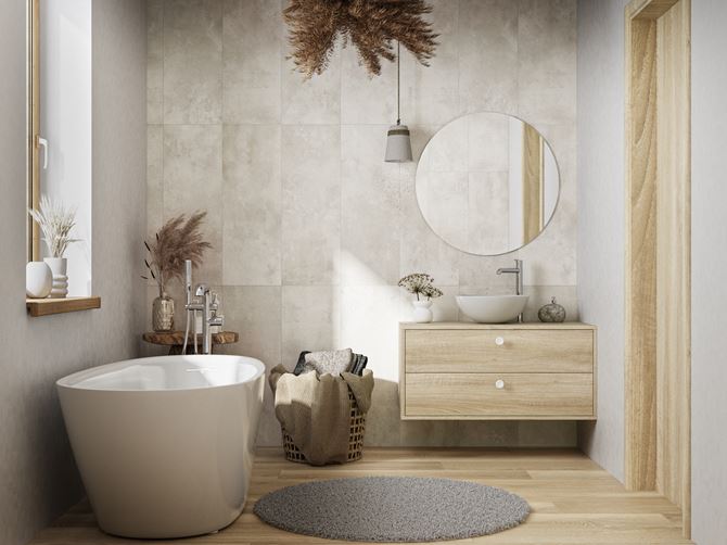 Szary beton i drewno w łazience z owalną wanną wolnostojącą