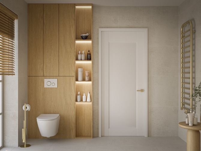 Łazienka w jasnym betonie i z drewnianą zabudową z półkami