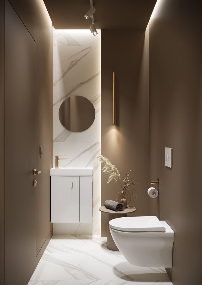 Toaleta w brązie z marmurowym akcentem i ceramiką Cersanit Larga