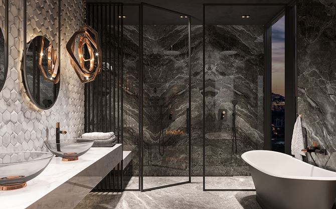 Ciemny kamień i heksagony w łazience w stylu glamour