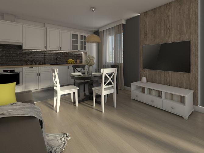 Skandynawski salon z aneksem z czarną cegiełką