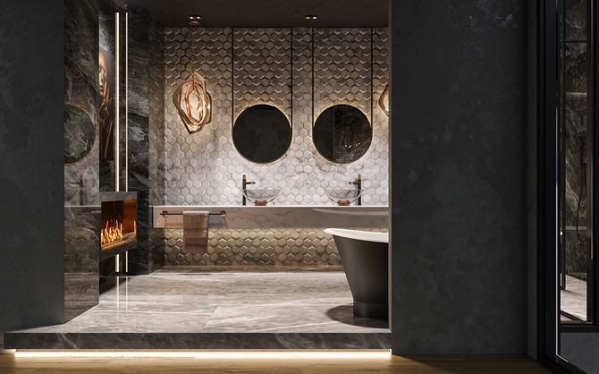 Ciemna łazienka w stylu glamour z heksagonalną ścianą