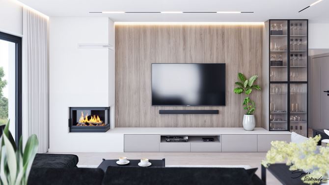 Nowoczesny salon z drewnianą strefą RTV