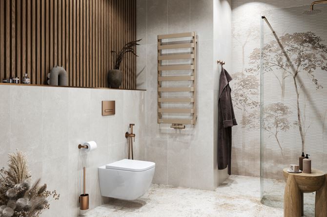 Szaro-beżowa łazienka z miedzianymi akcentami